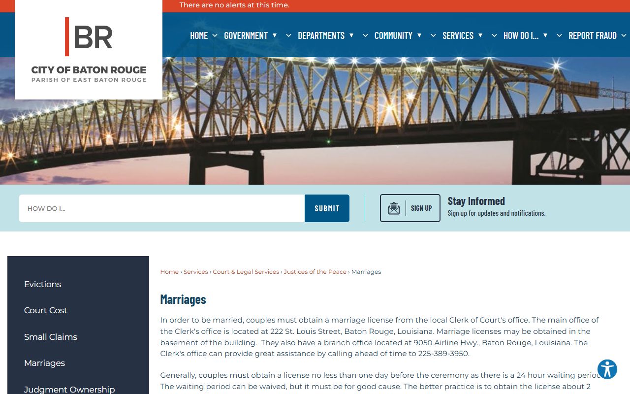 Baton Rouge marriage information page for Central Louisiana residents