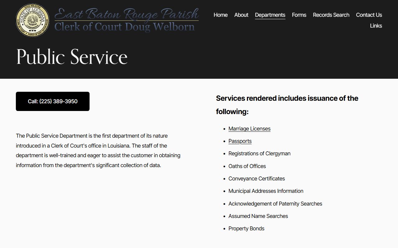 East Baton Rouge Parish Clerk public services page for Central residents