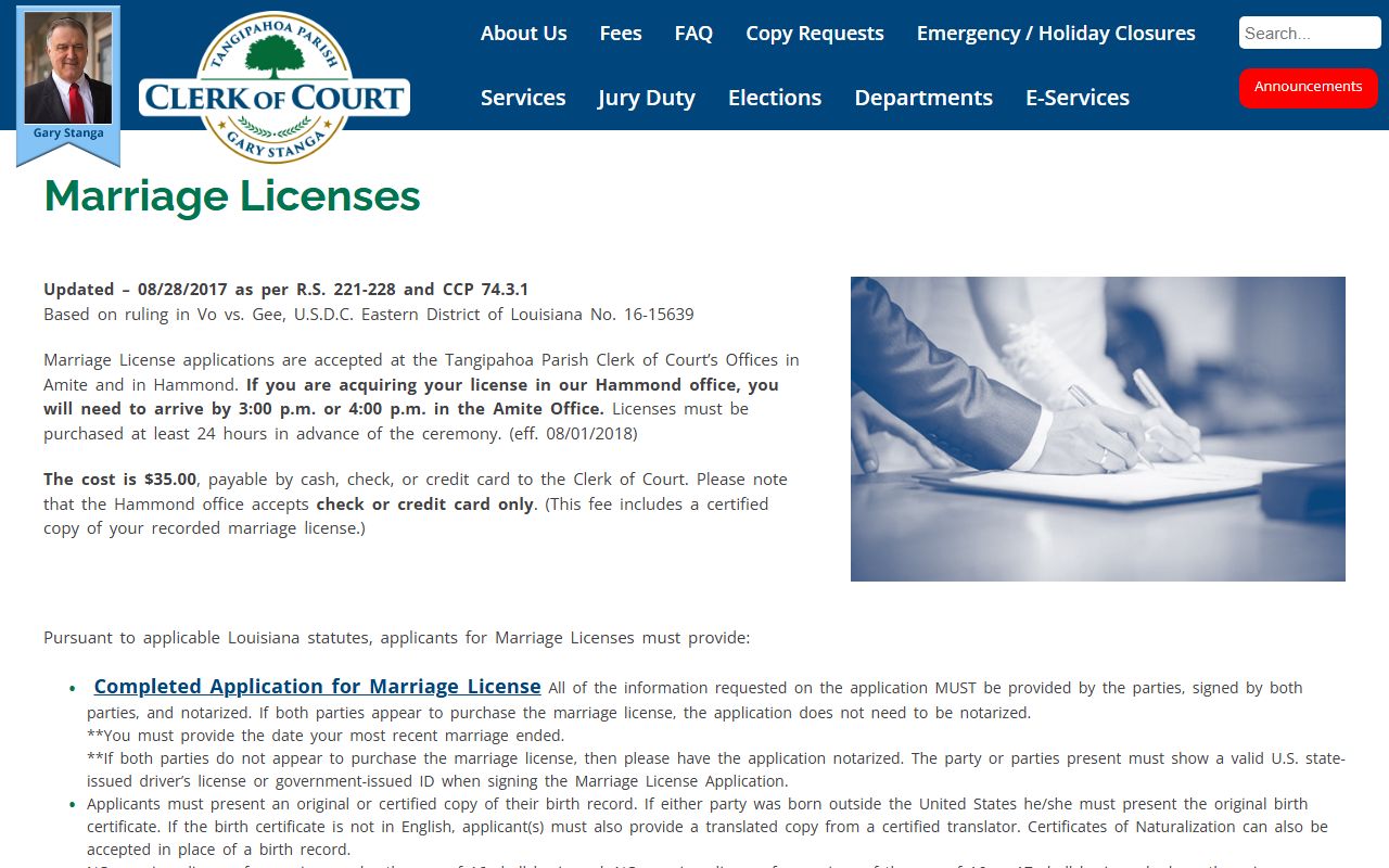 Tangipahoa Parish Clerk marriage license page for Hammond