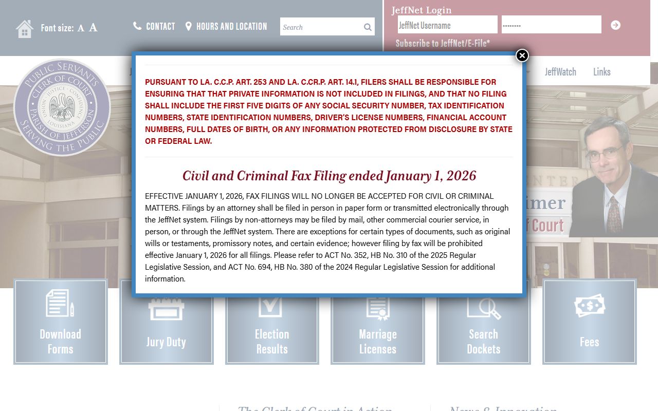 Jefferson Parish Clerk of Court main website serving Marrero
