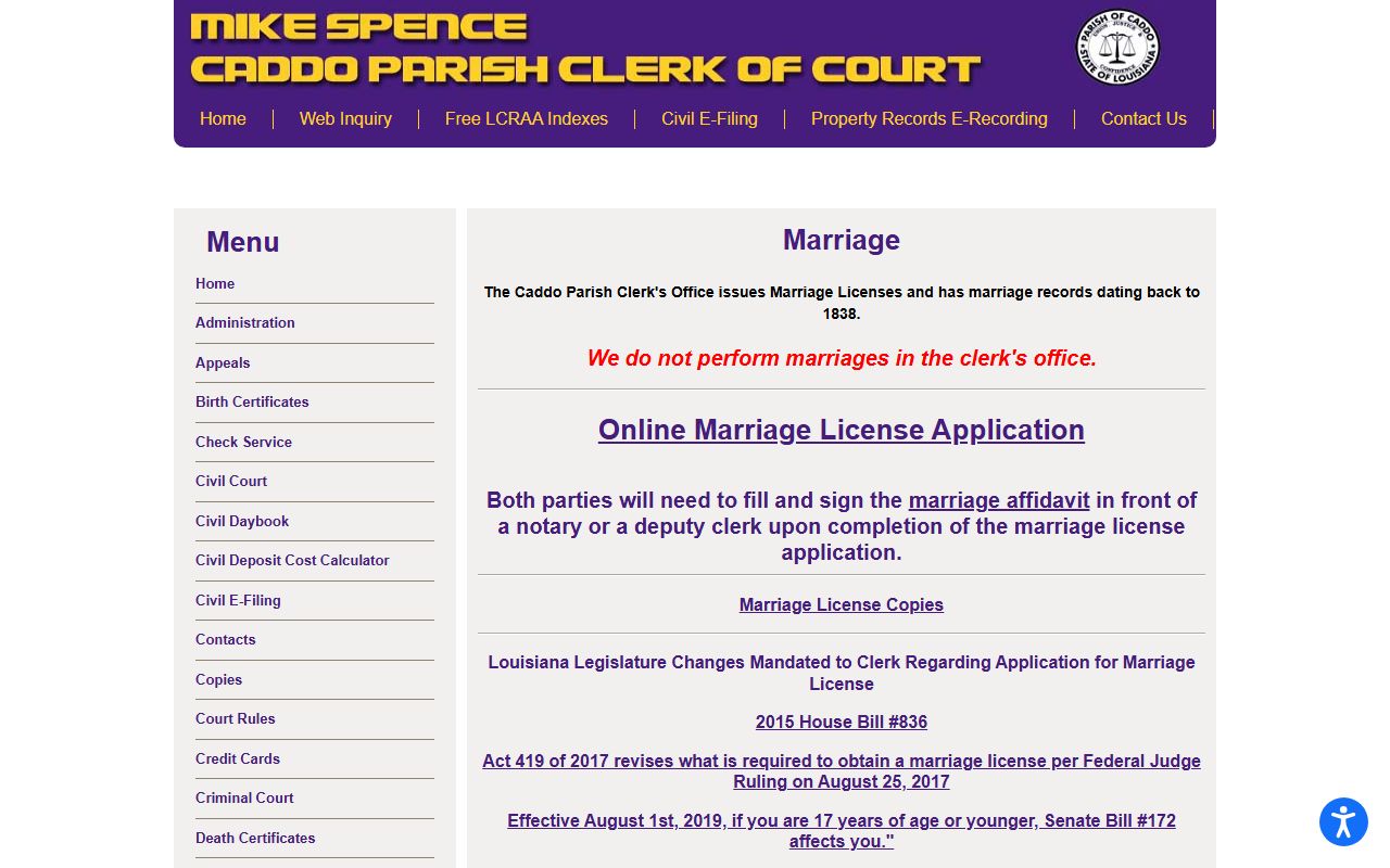 Caddo Parish Clerk of Court marriage license requirements page