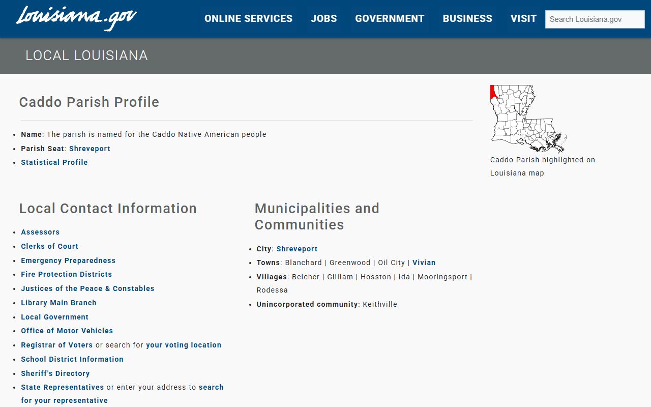 Caddo Parish information page listing the Clerk of Court for Shreveport