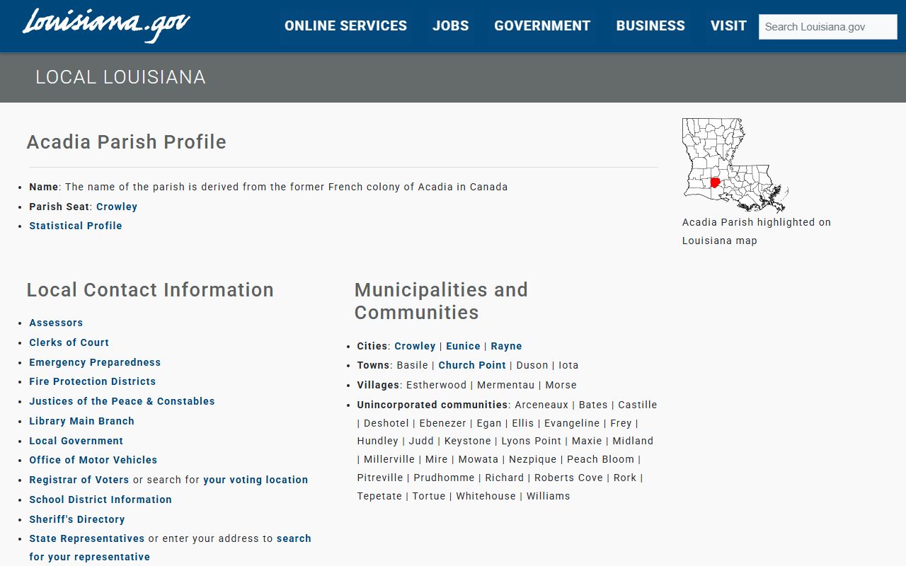 Acadia Parish information page showing marriage license office details