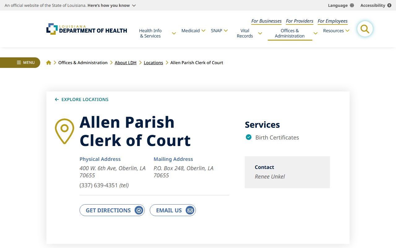 Louisiana Department of Health directory listing for Allen Parish marriage license clerk