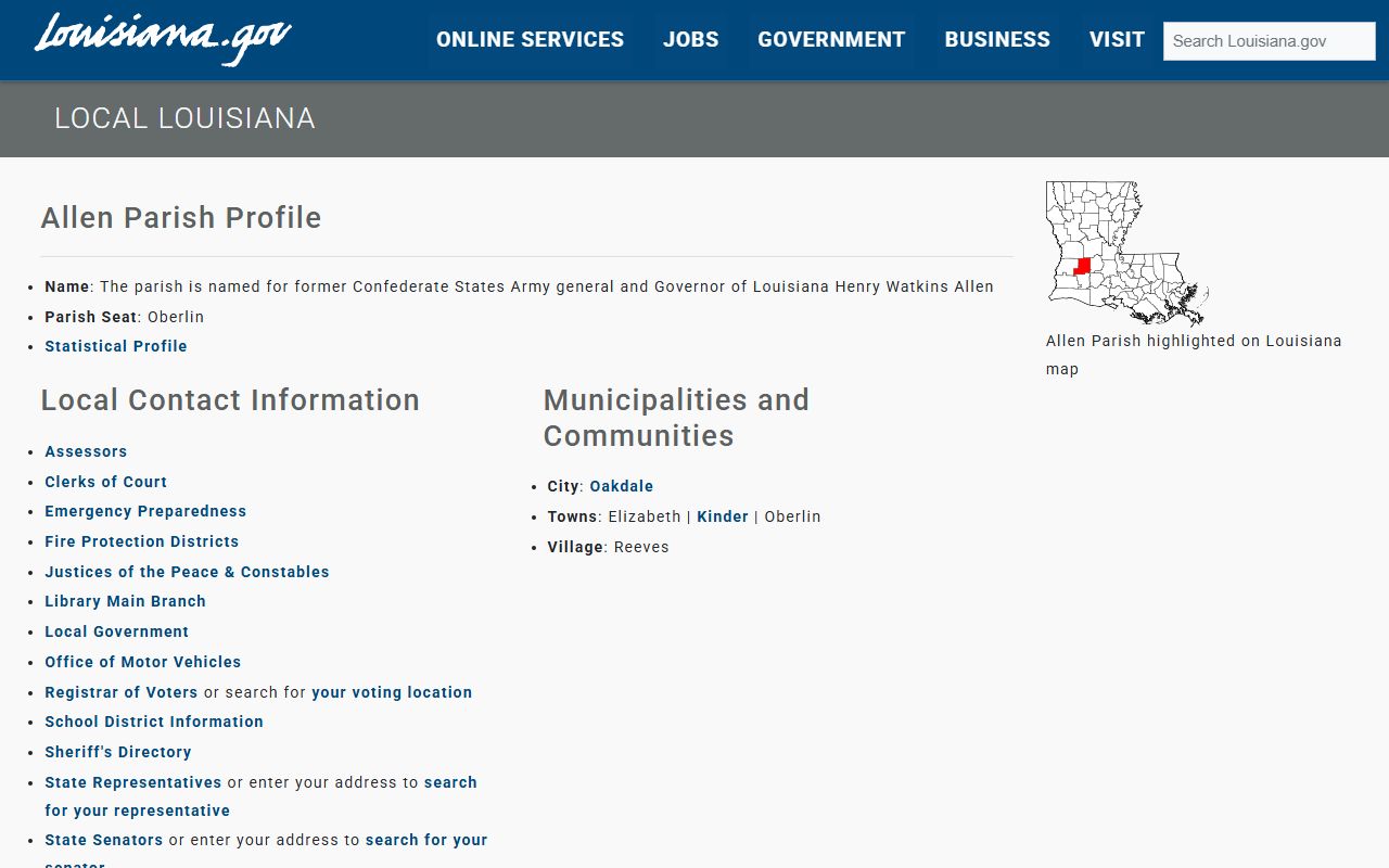 Allen Parish information page showing marriage license clerk contact details