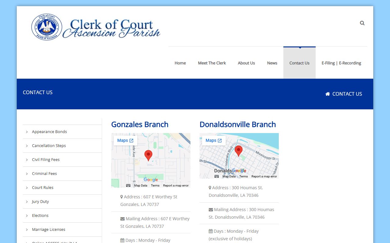 Ascension Parish Clerk of Court contact page with marriage license office locations