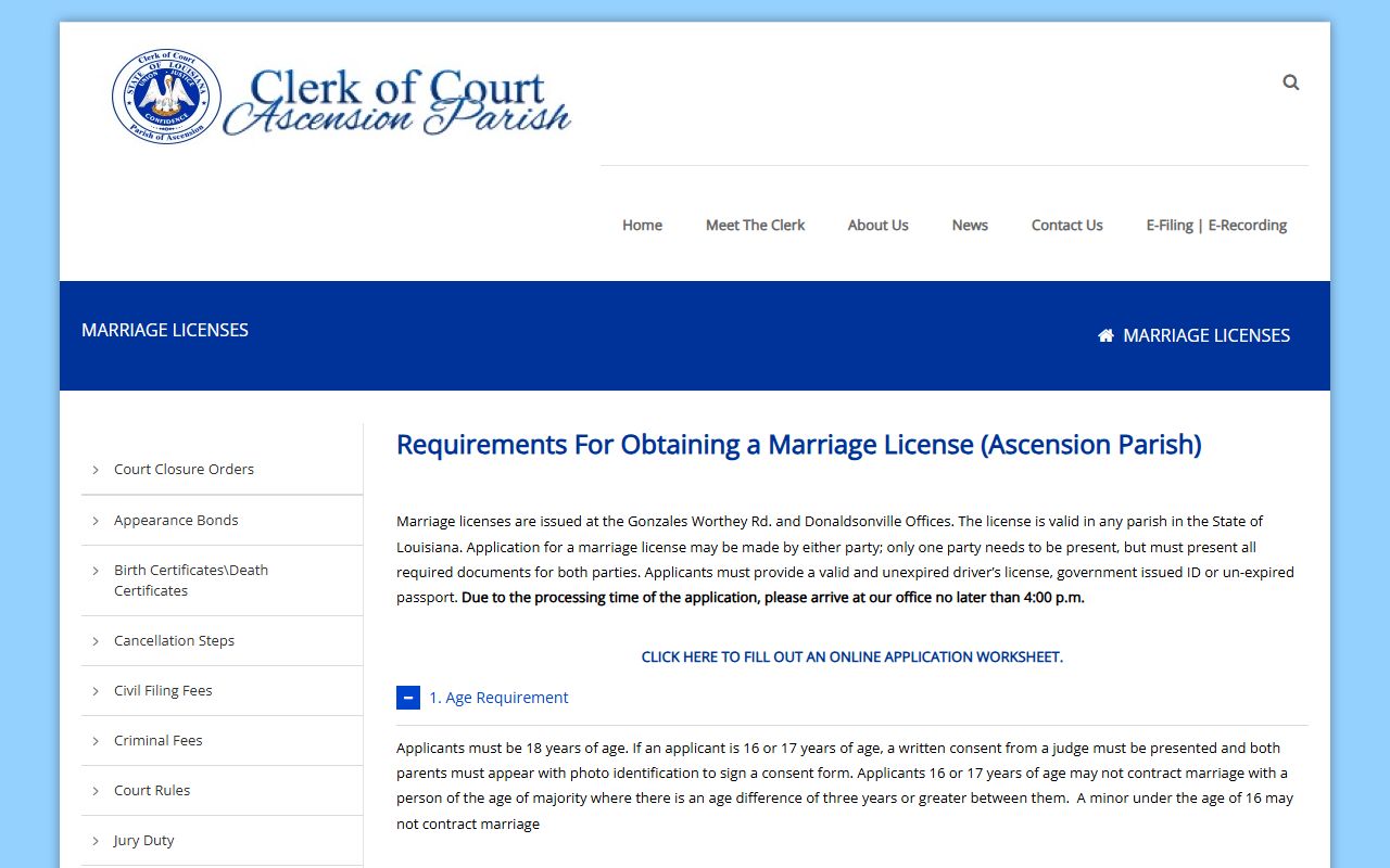 Ascension Parish Clerk of Court marriage license page showing application information