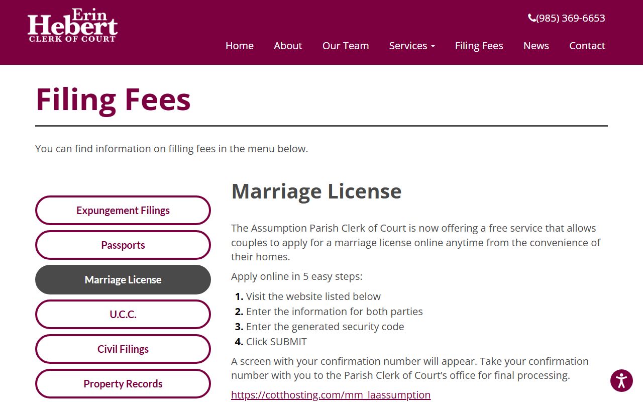 Assumption Parish Clerk of Court marriage license fee schedule page