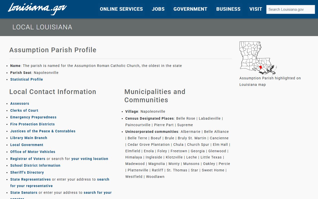 Assumption Parish state directory page showing marriage license clerk contact information