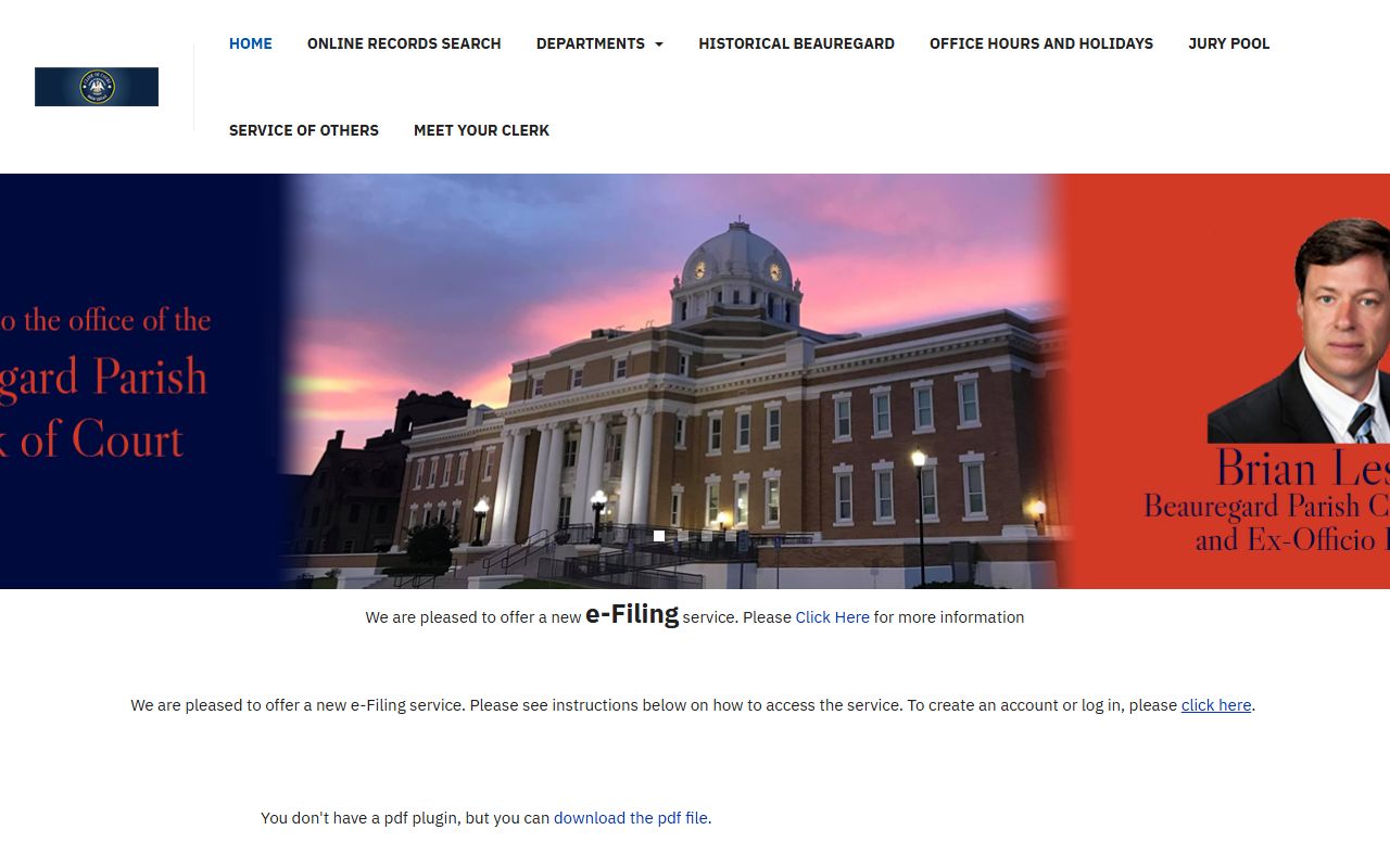 Beauregard Parish Clerk of Court information page with marriage license requirements details
