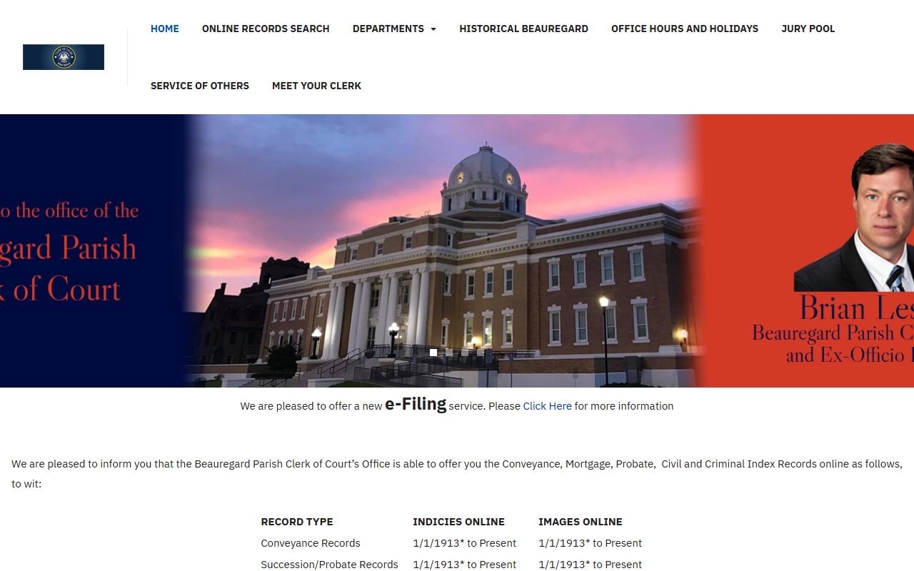 Beauregard Parish Clerk of Court main website showing office services and marriage license information