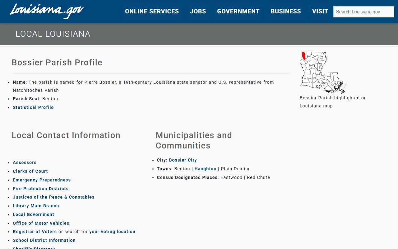 Bossier Parish state directory page showing marriage license clerk of court contact details