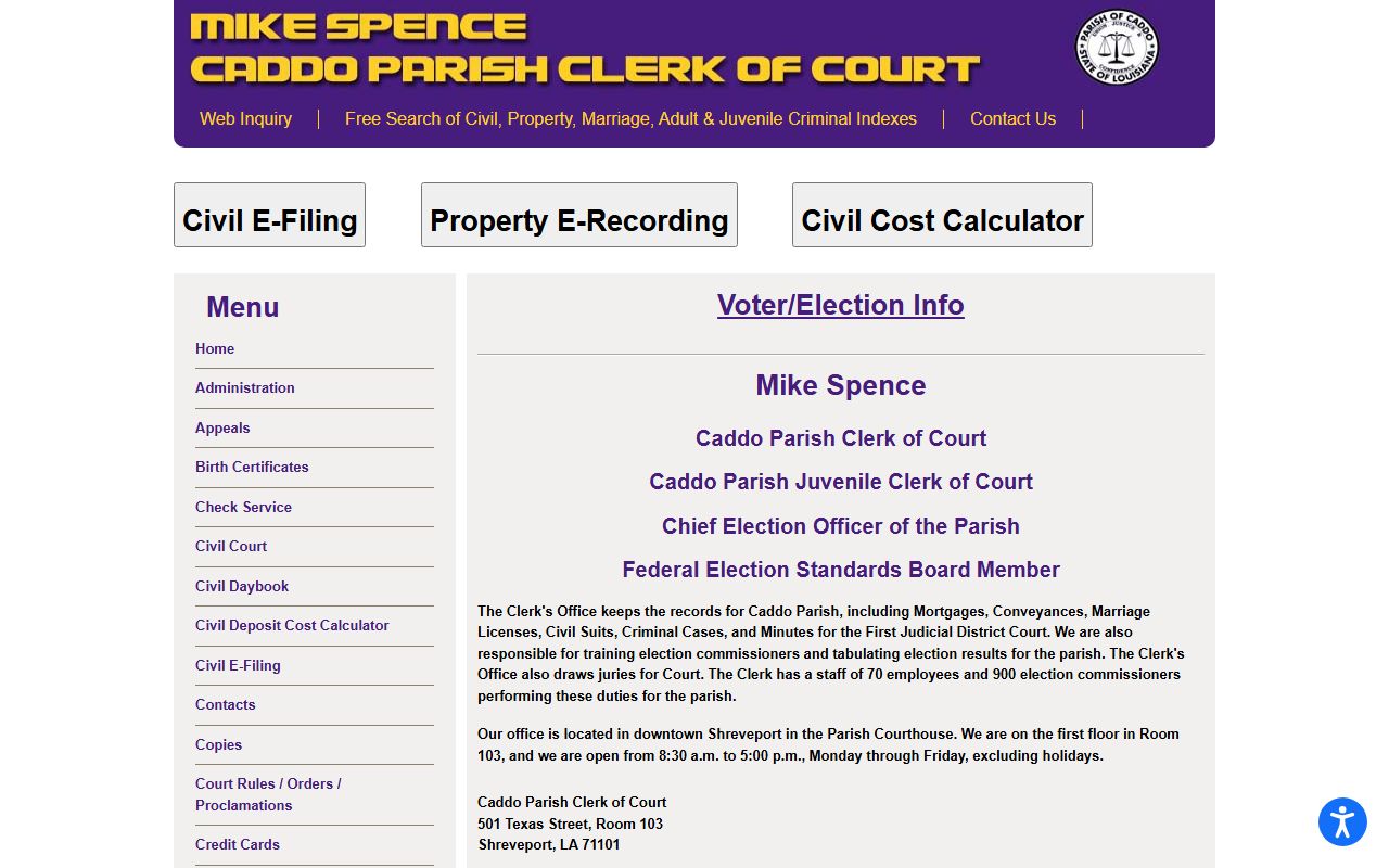 Caddo Parish Clerk of Court main website for marriage license applications in Shreveport
