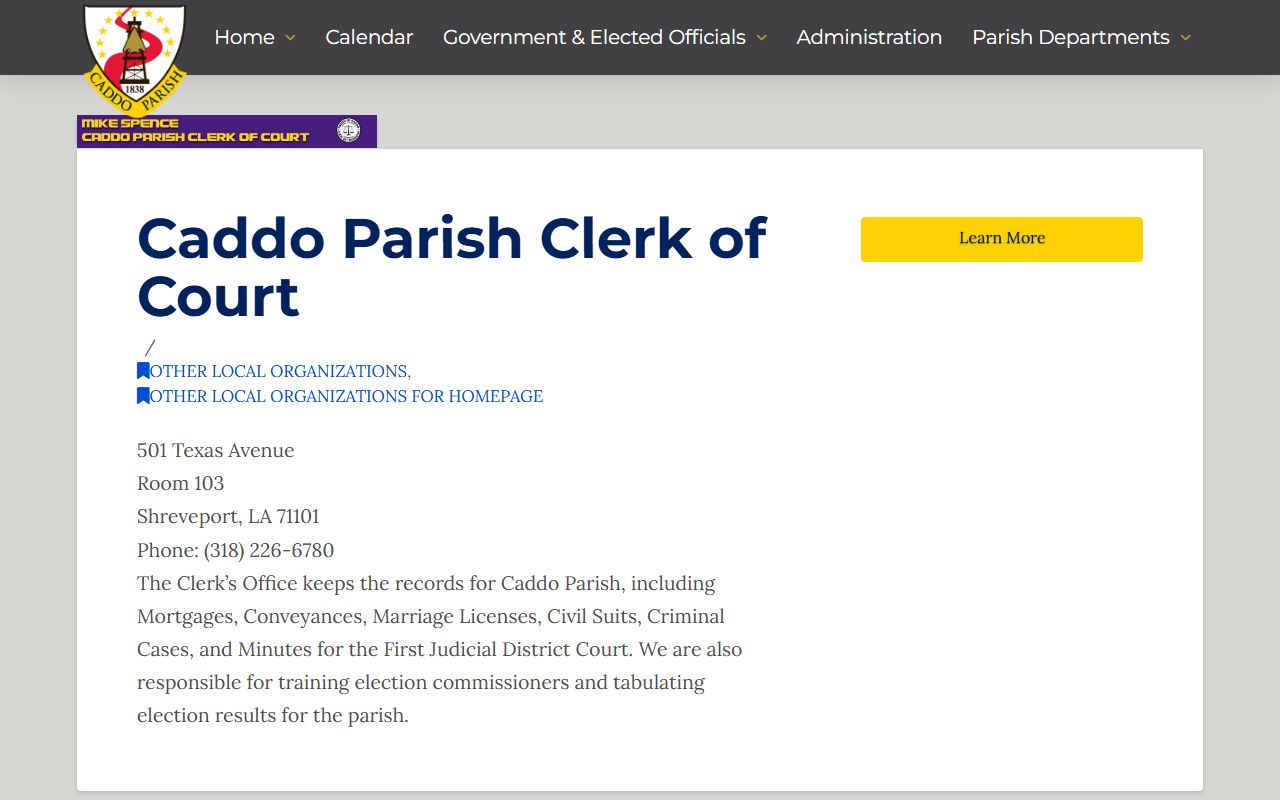 Caddo Parish government portal showing Clerk of Court information for marriage license applications