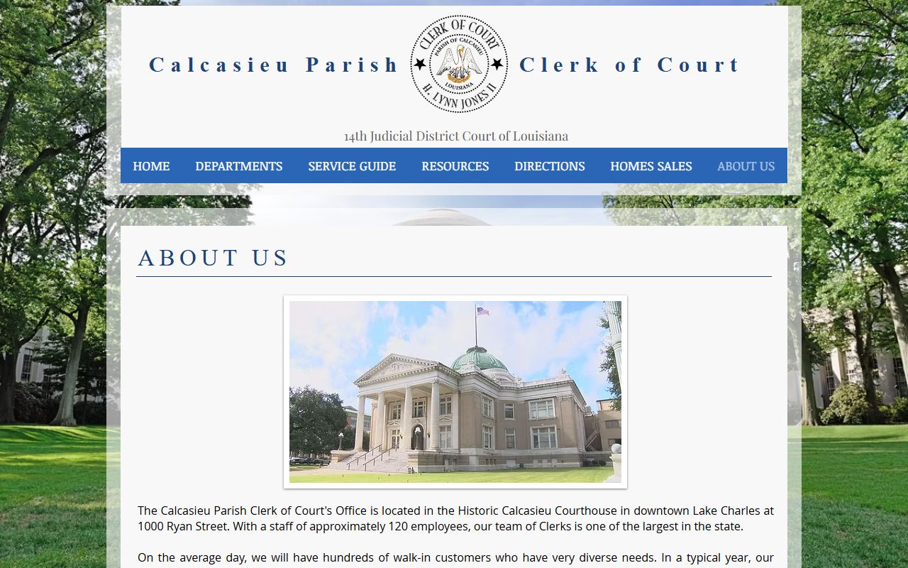 Calcasieu Parish Clerk of Court about page showing office background and marriage license services