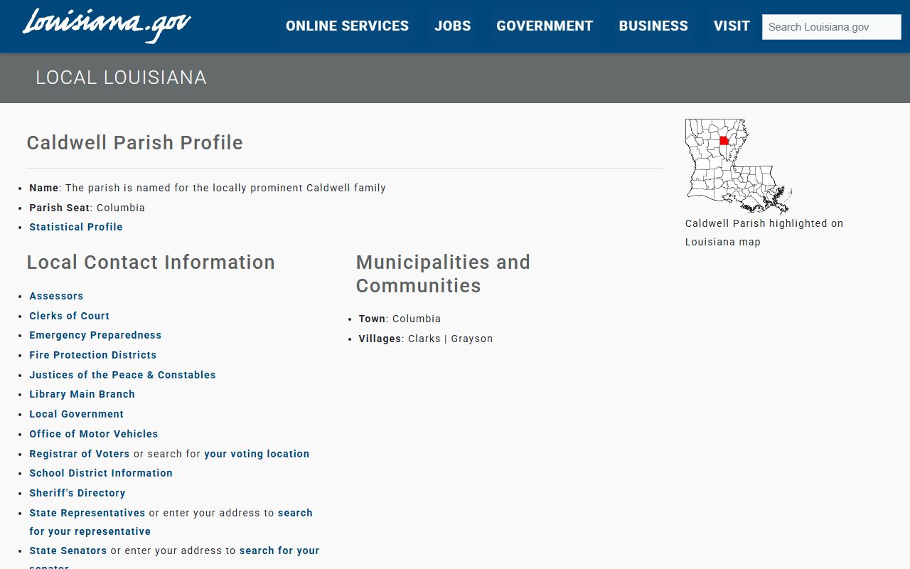 Caldwell Parish state directory page showing Clerk of Court contact information for marriage license applications