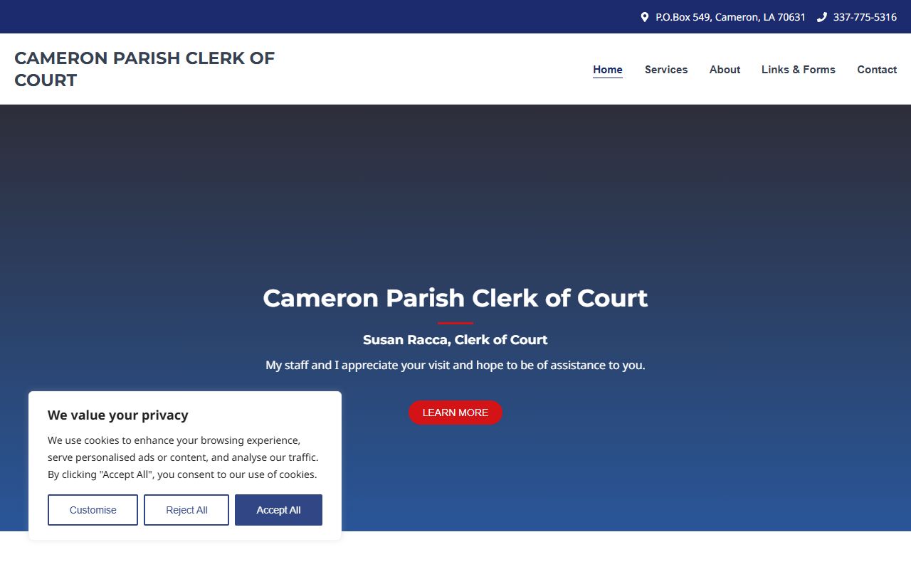 Cameron Parish Clerk of Court main website for marriage license applications
