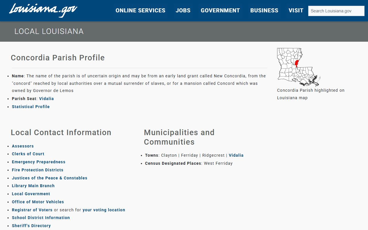 Concordia Parish information page showing clerk contact details for marriage license applicants