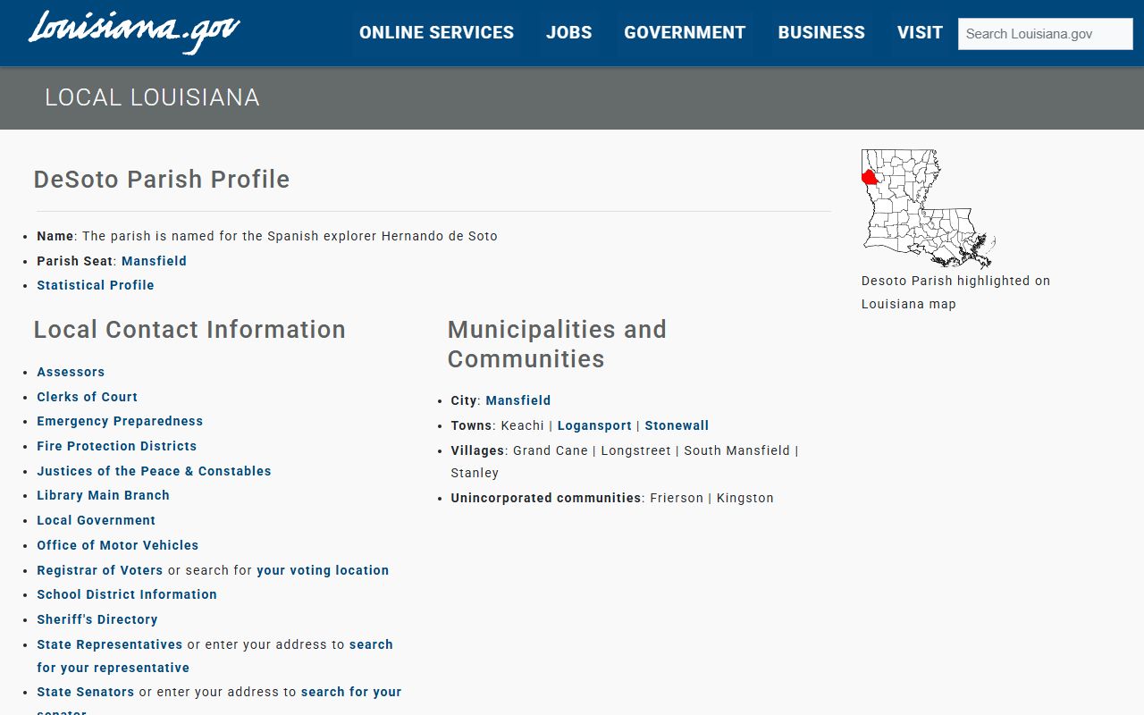 DeSoto Parish government information page showing clerk details for marriage license applicants