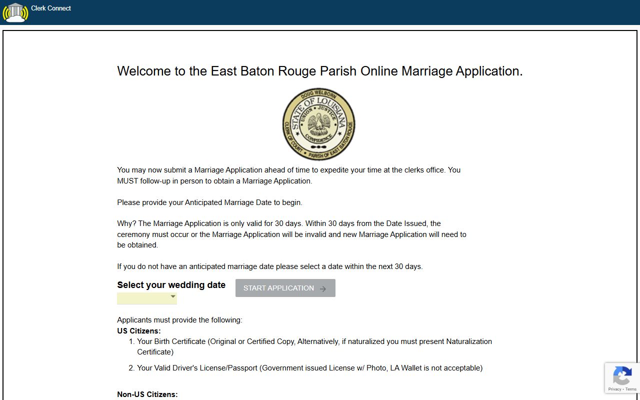 ClerkConnect online marriage license pre-application portal for East Baton Rouge Parish