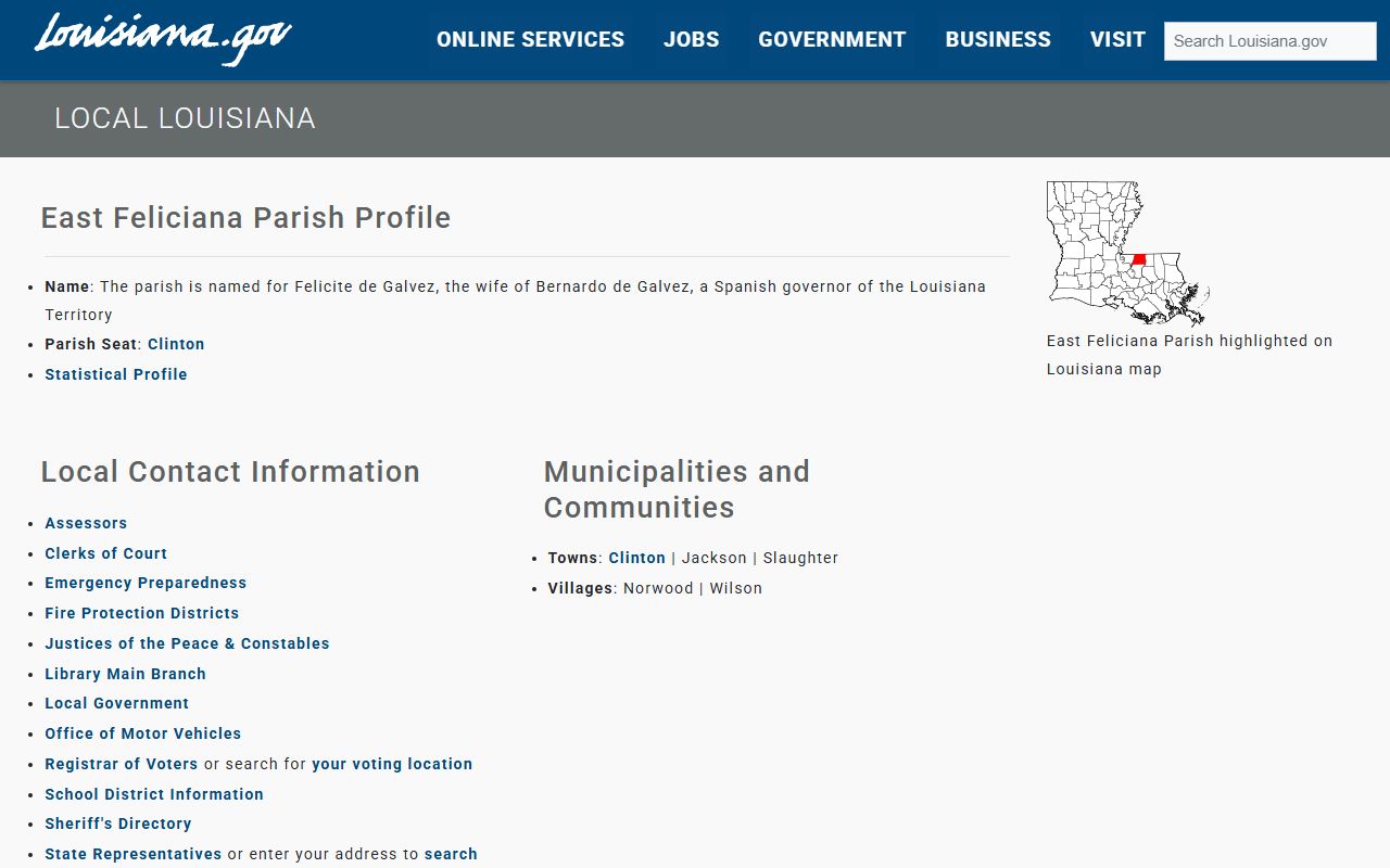 East Feliciana Parish government directory page with clerk information for marriage license applicants
