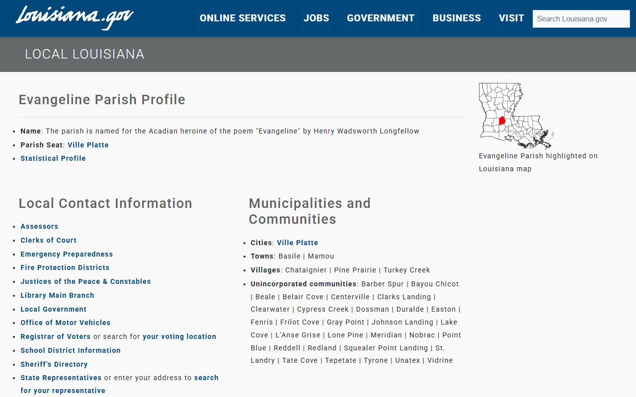 Evangeline Parish government directory page with clerk details for marriage license applicants