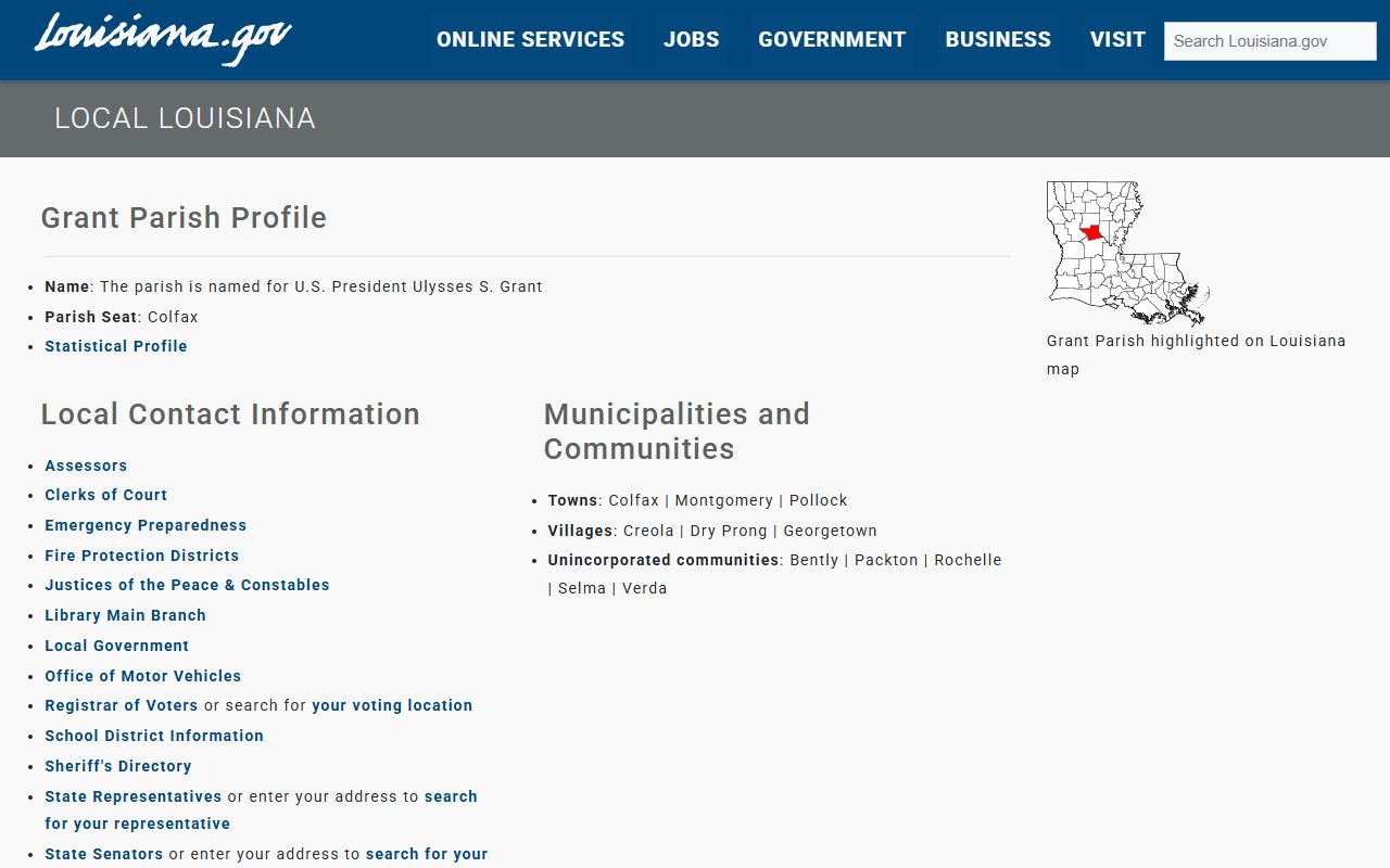 Grant Parish government directory page with clerk contact details for marriage license applicants