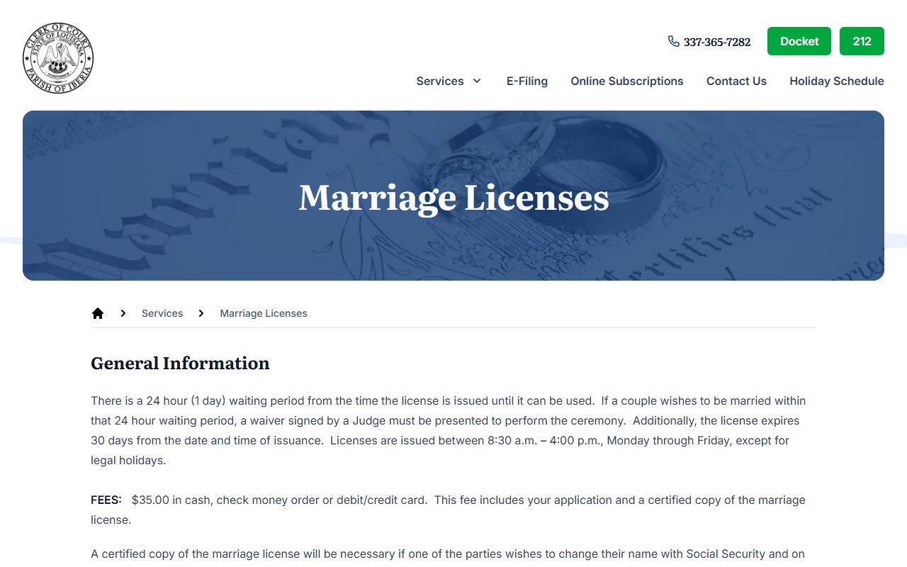 Iberia Parish marriage license requirements and application page
