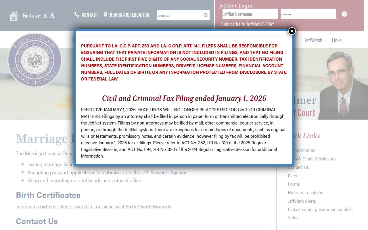 Jefferson Parish Clerk of Court marriage licenses and passports page
