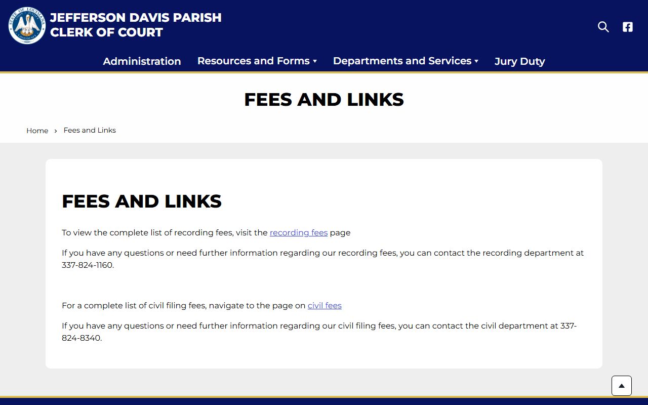 Jefferson Davis Parish Clerk fee schedule page for marriage licenses and other services