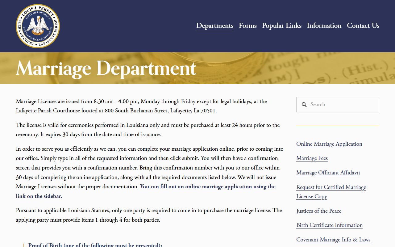 Lafayette Parish Clerk of Court marriage license information page