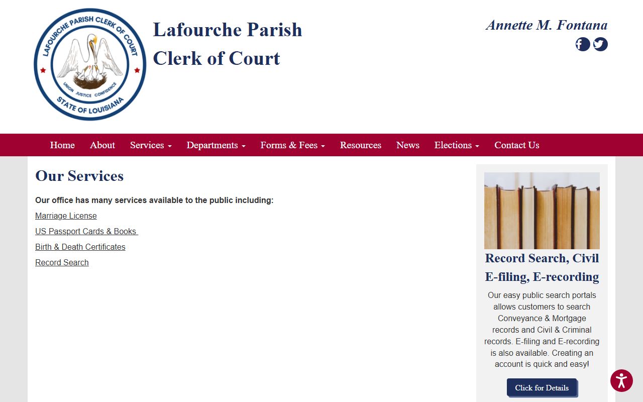Lafourche Parish Clerk of Court services page showing all public record services