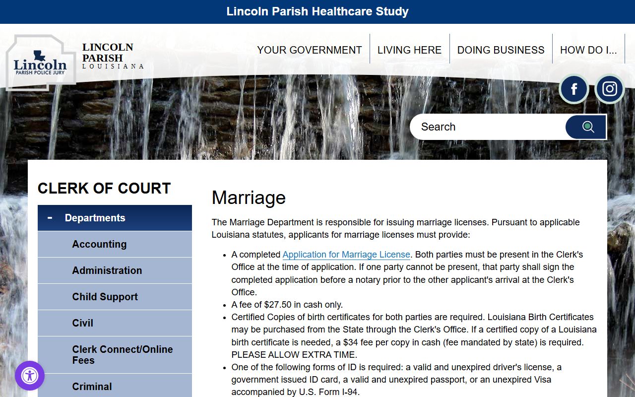 Lincoln Parish Clerk marriage license page showing application requirements
