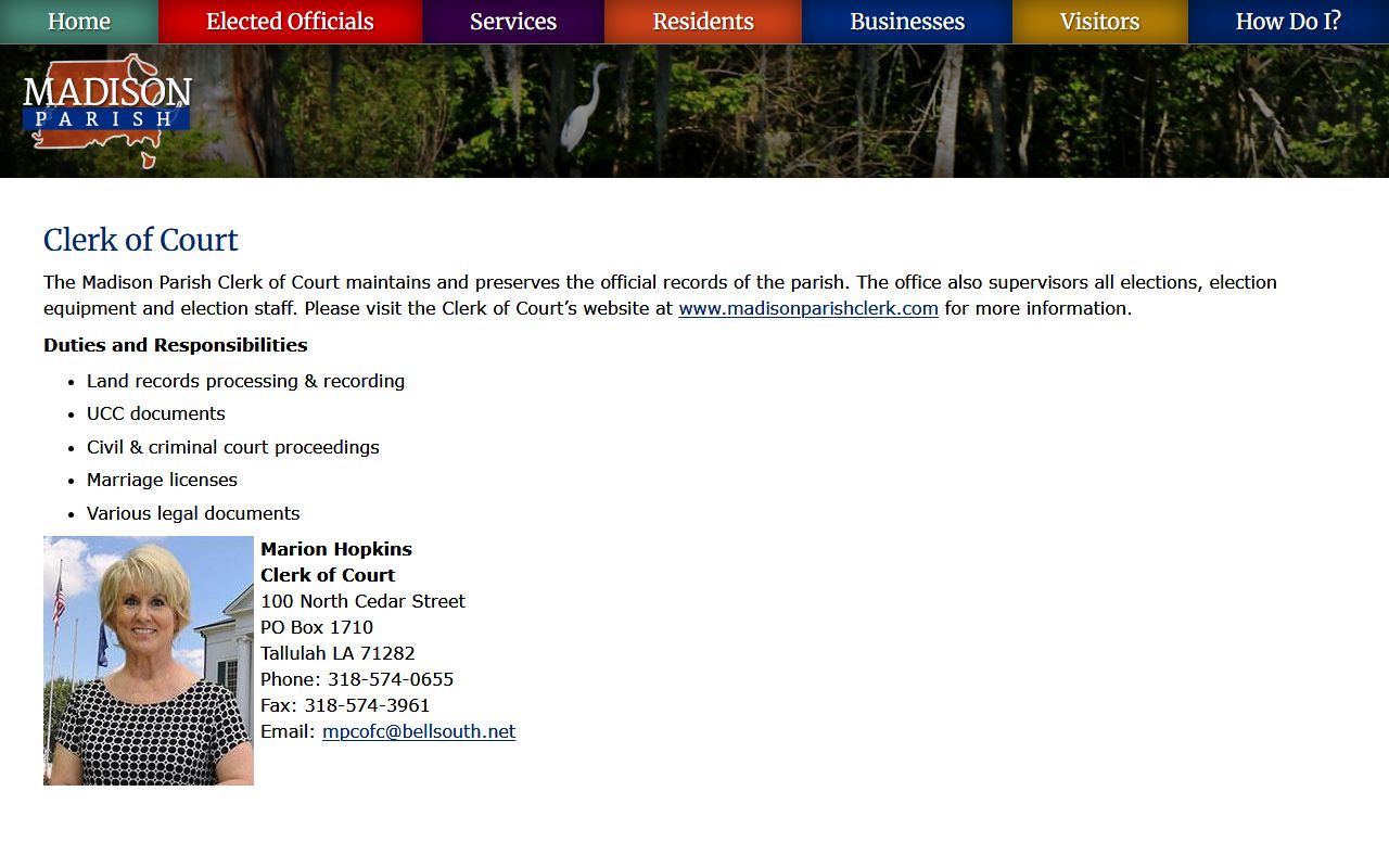 Madison Parish Clerk of Court office page showing marriage license duties