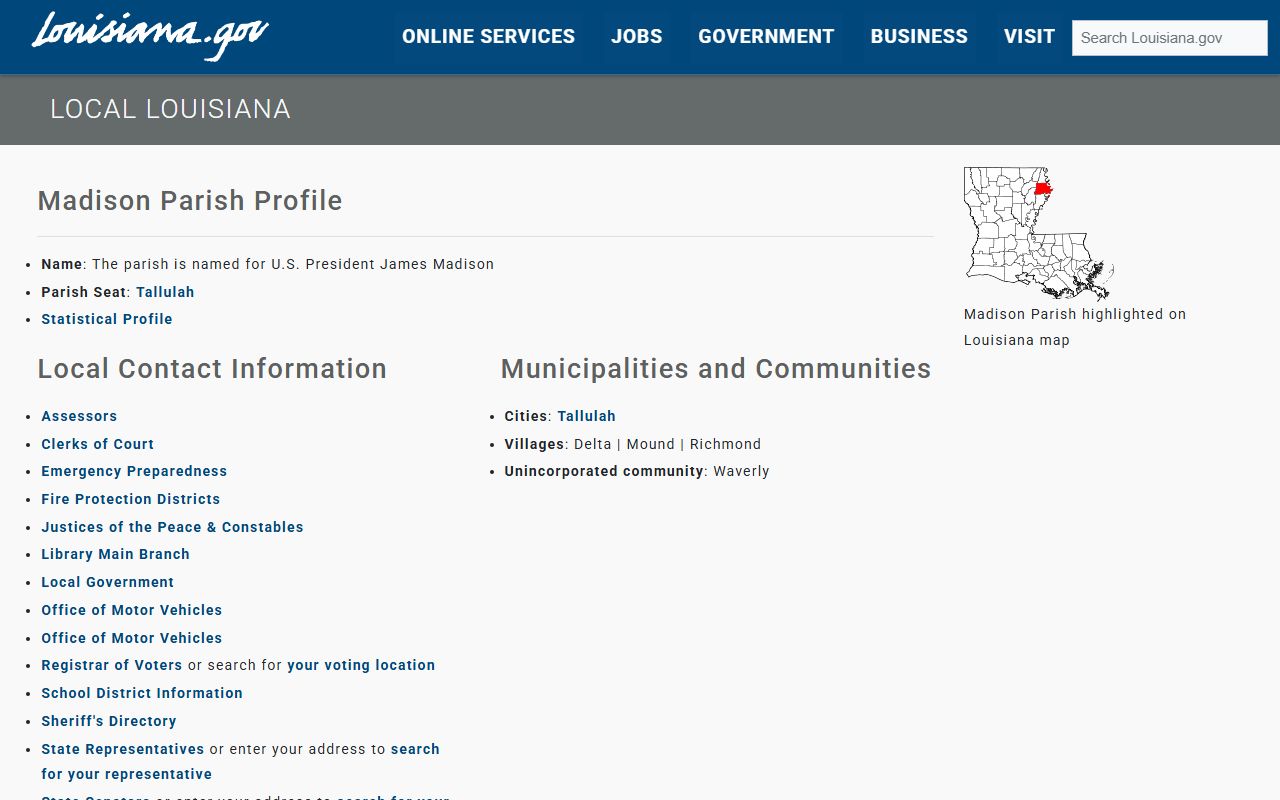 Madison Parish information page for marriage license applicants