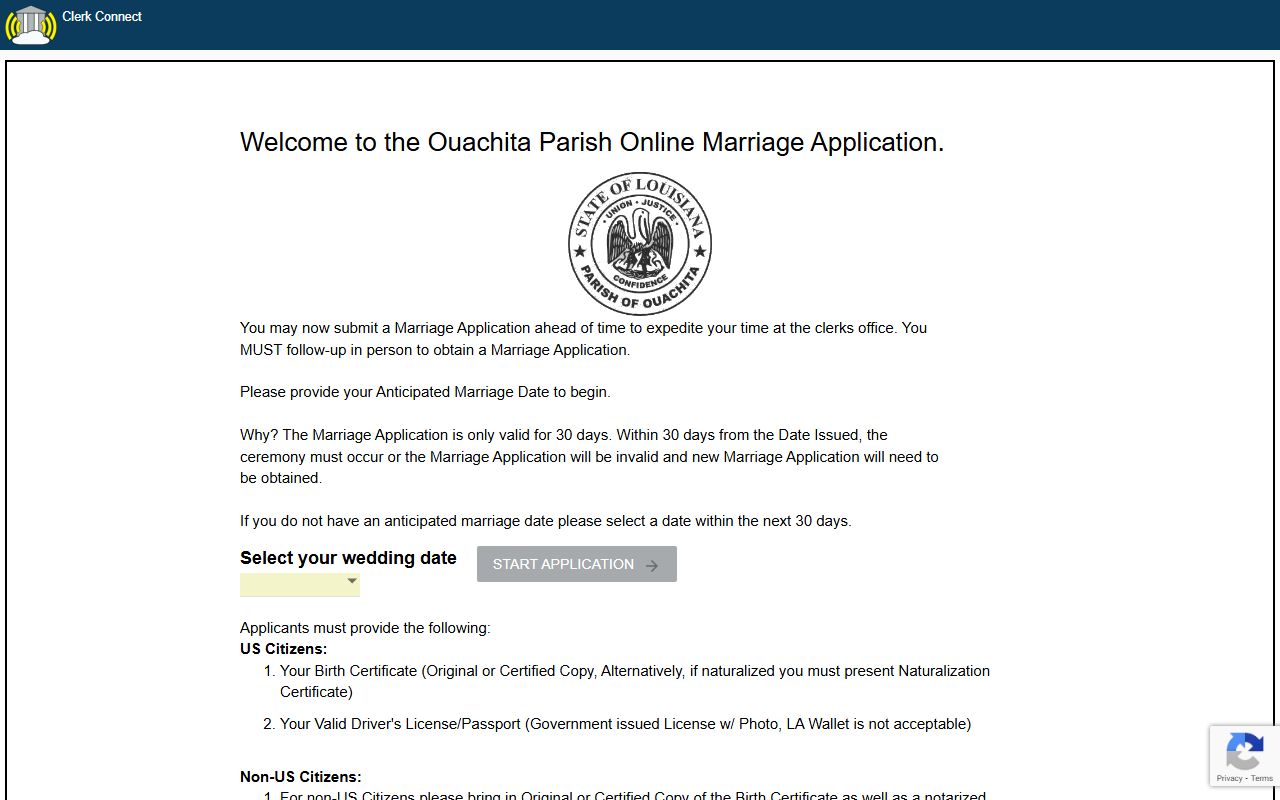 Ouachita Parish online marriage license application on ClerkConnect