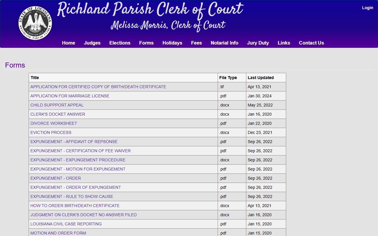 Richland Parish Clerk of Court documents and marriage license page