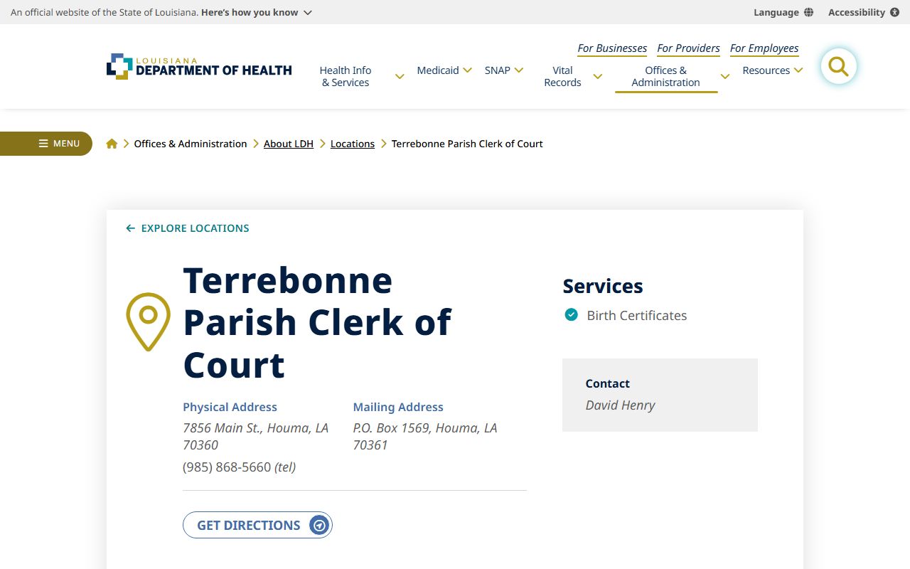 LDH directory listing for Terrebonne Parish Clerk of Court