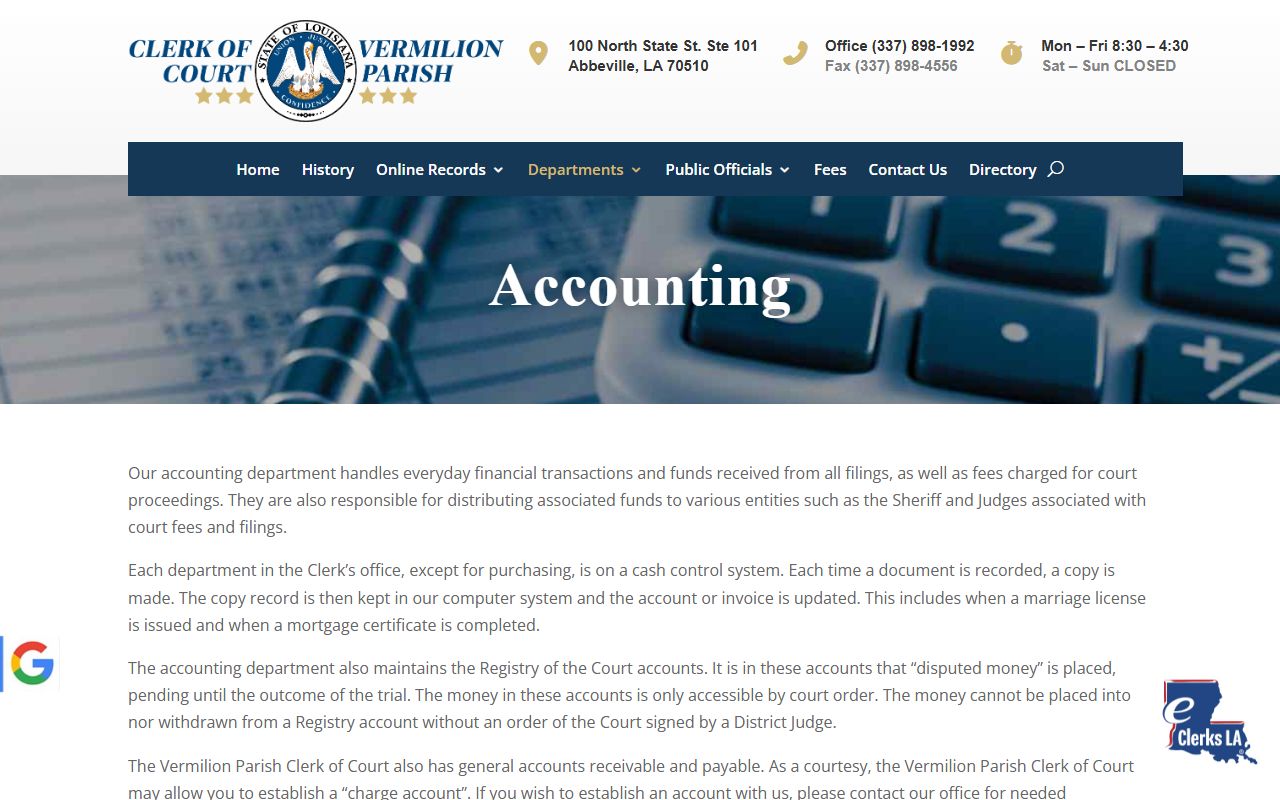 Vermilion Parish Clerk accounting and fees page