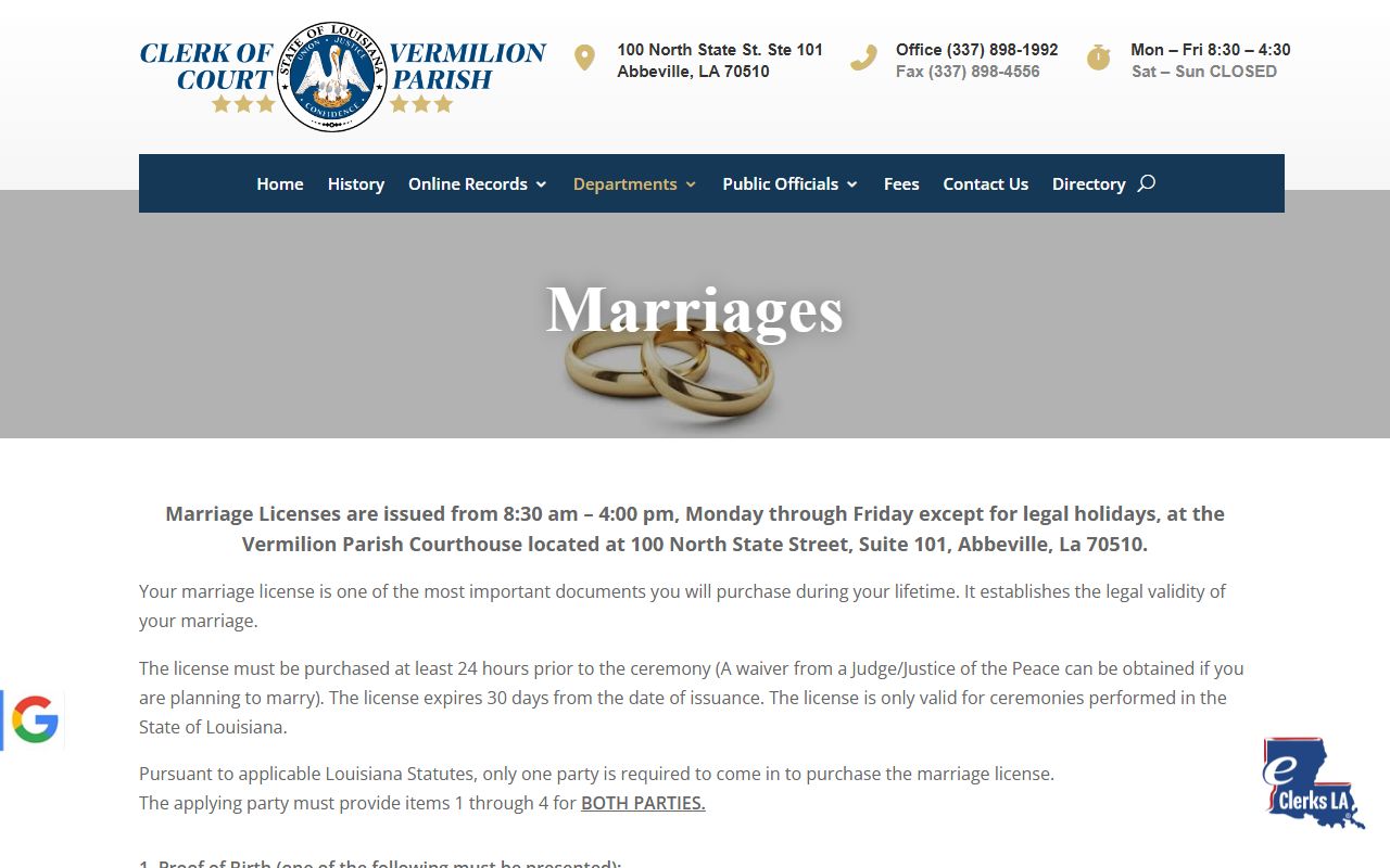 Vermilion Parish Clerk of Court marriages page