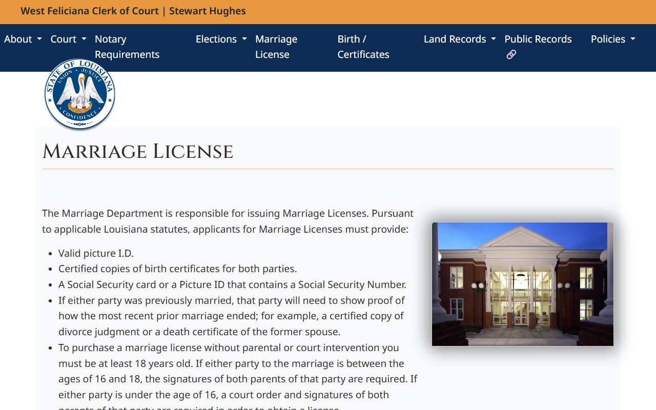 West Feliciana Parish marriage license information page