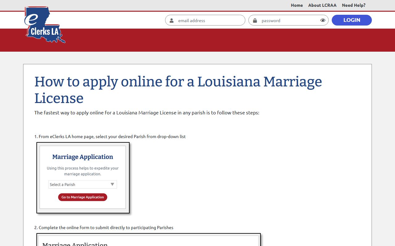 eClerks LA online marriage license application portal for participating Louisiana parishes