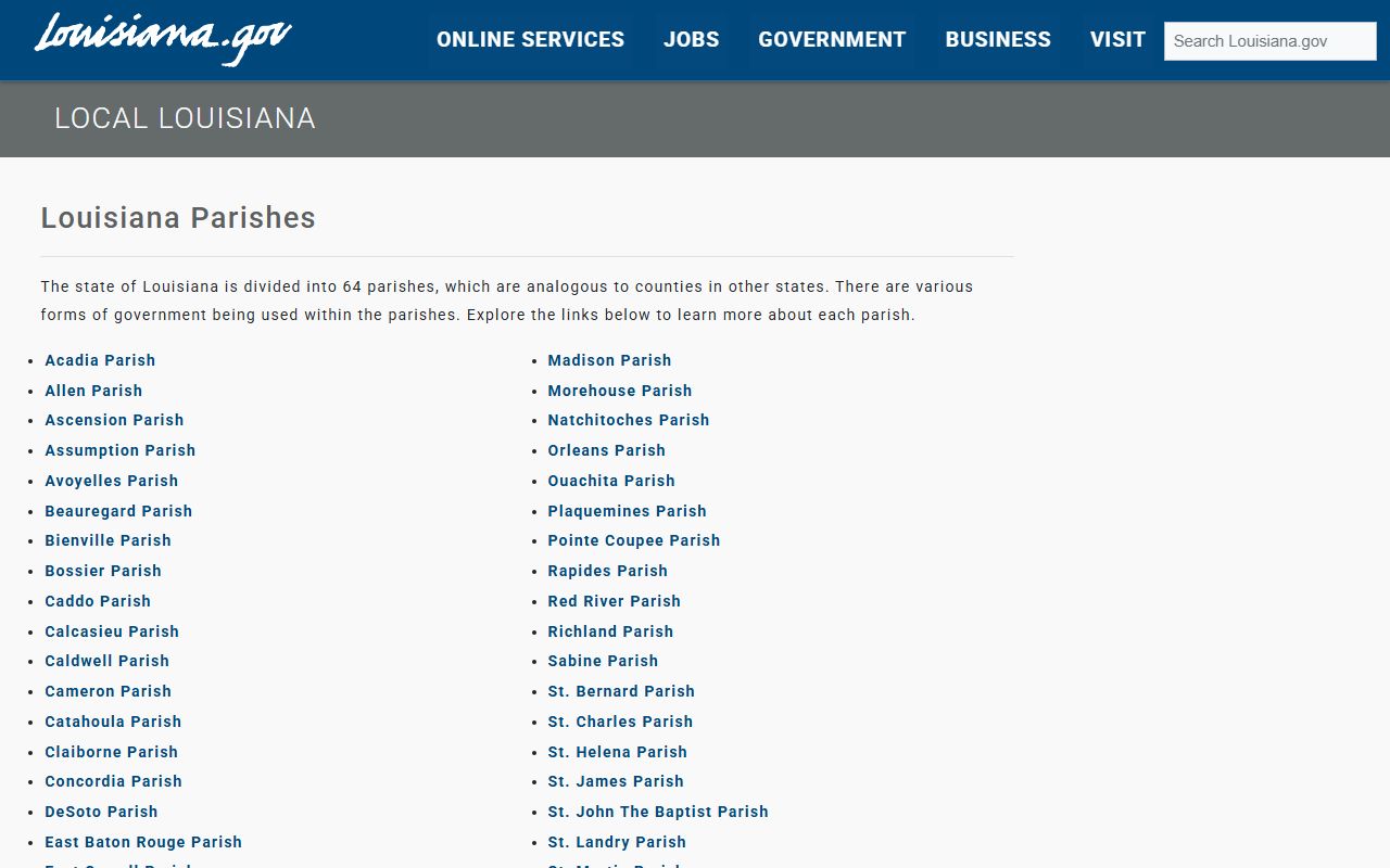 Louisiana parish directory listing contact information for Clerk of Court offices statewide