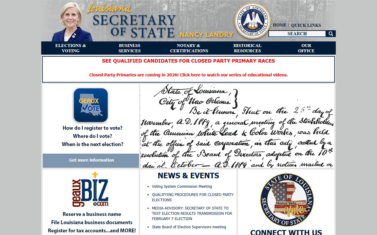 Louisiana Secretary of State website showing official state records and marriage license information resources