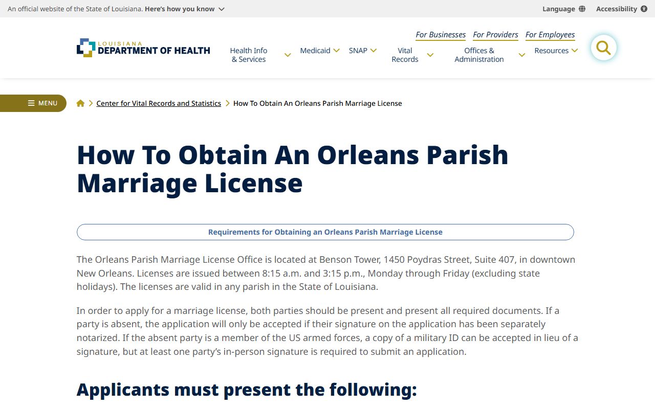 Orleans Parish marriage license application requirements on the Louisiana Department of Health website