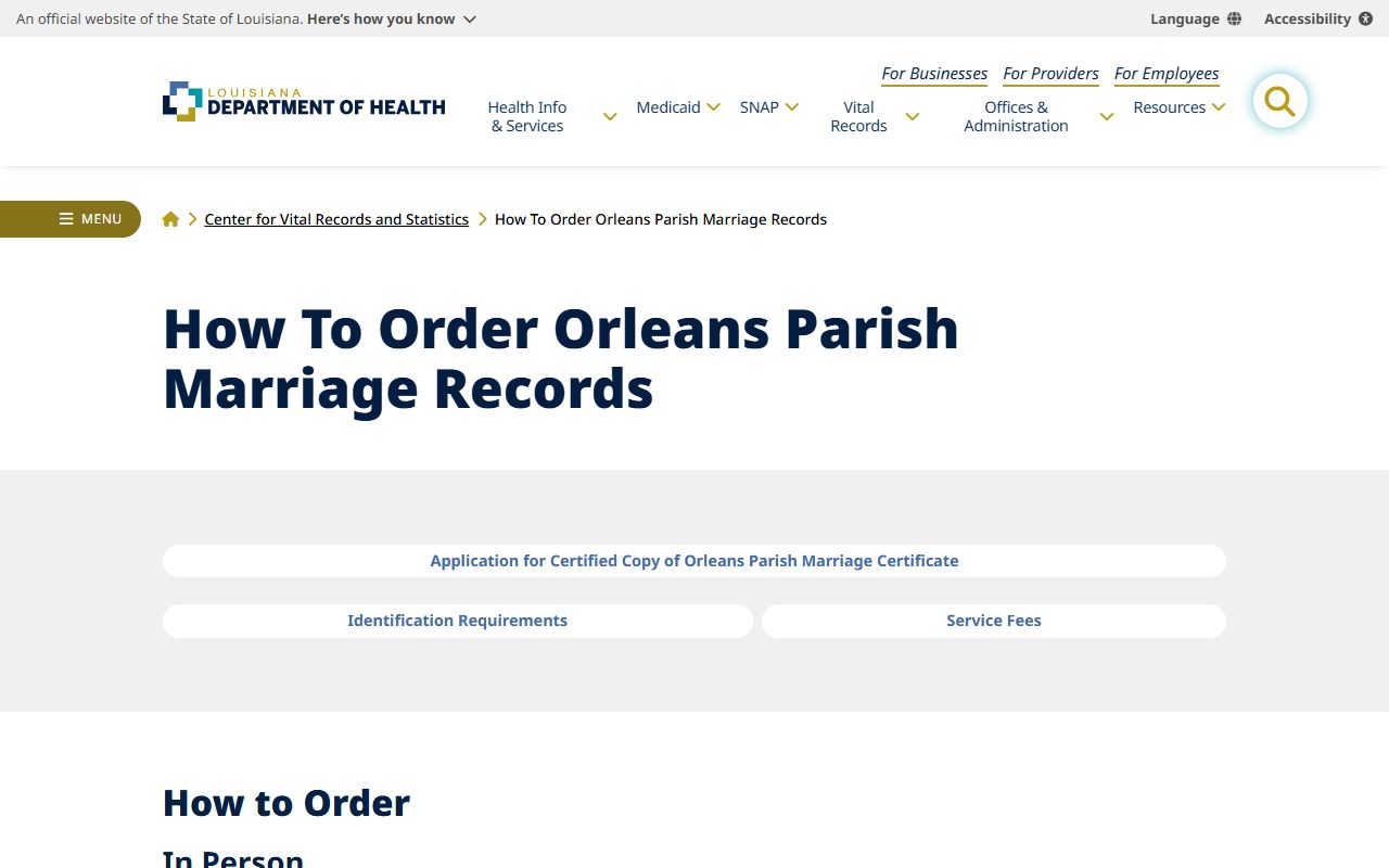 Orleans Parish marriage records ordering page on the Louisiana Department of Health website
